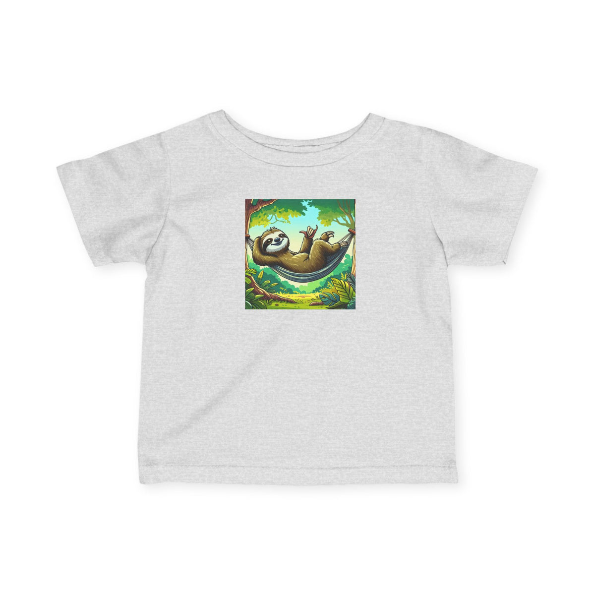 Cute infant tee by Printify featuring a sloth nap graphic, soft cotton baby shirt perfect for little kids.