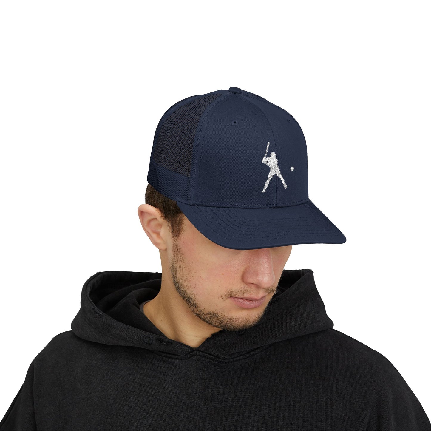 Vintage baseball snapback trucker cap with batter silhouette design, stylish hat by Printify featuring adjustable fit.