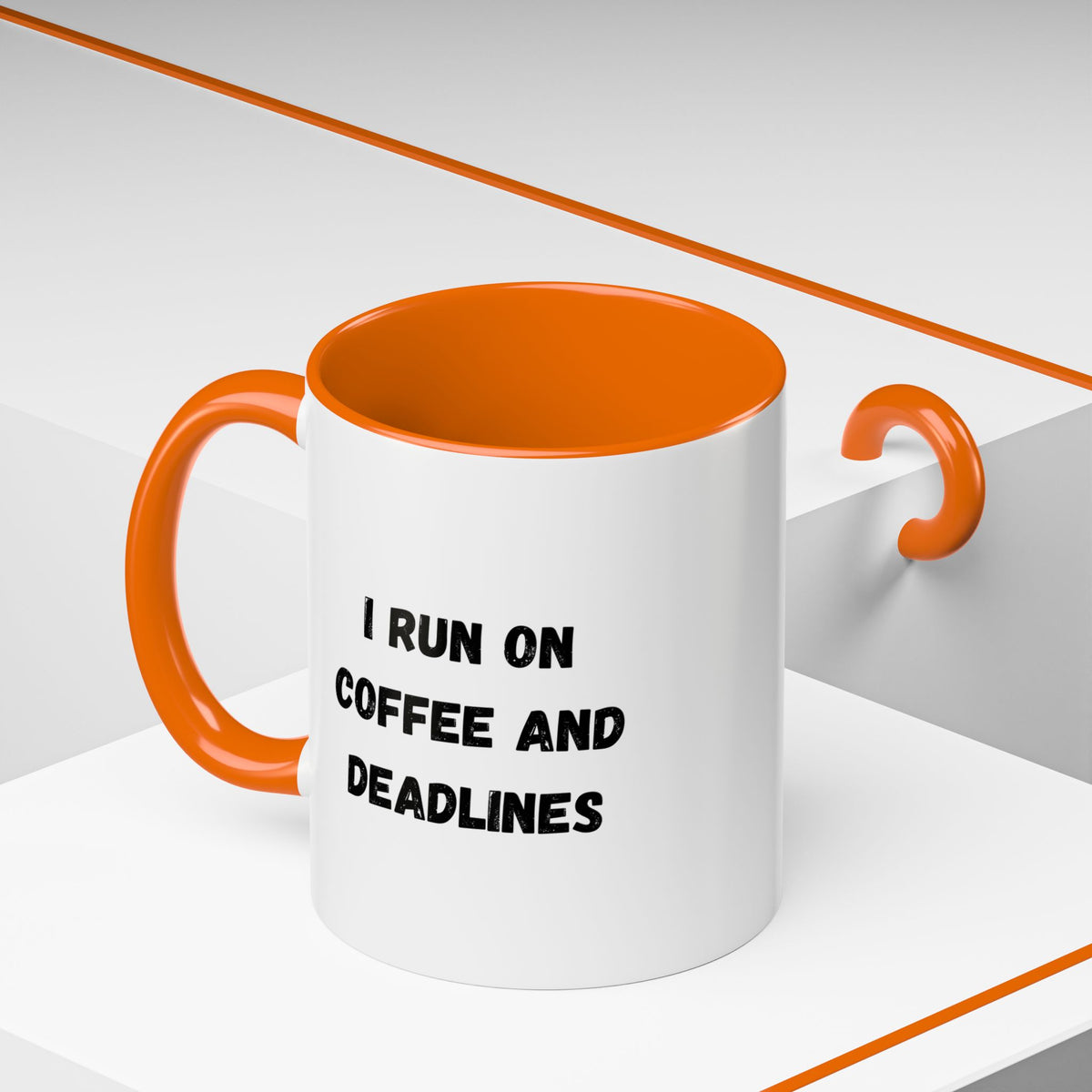 White ceramic coffee mug with "I Run on Coffee and Deadlines" printed in black text, designed by Printify, shown from a side angle.