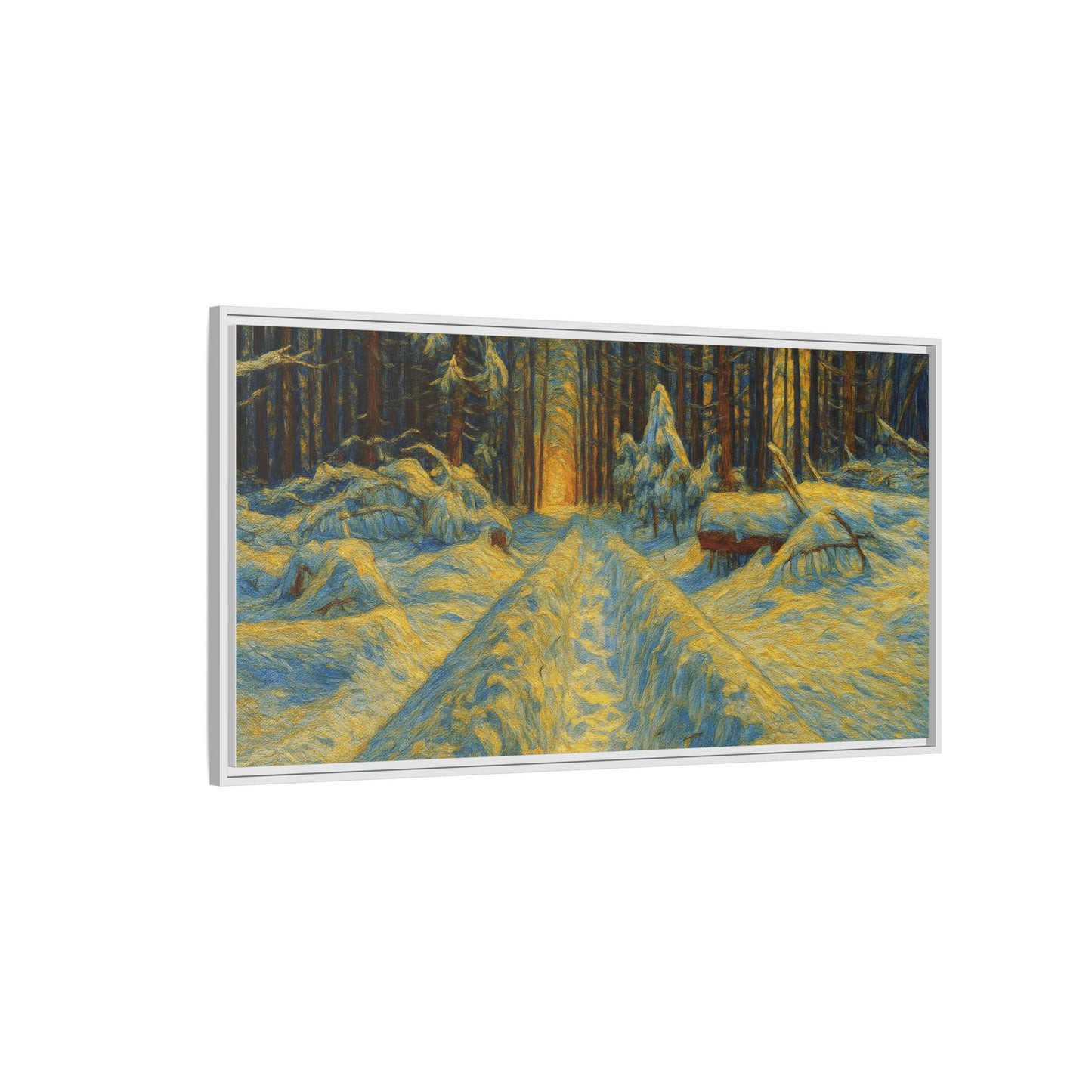 Framed matte canvas print of a snowy forest path at sunset, featuring warm colors and detailed nature scene by Printify.