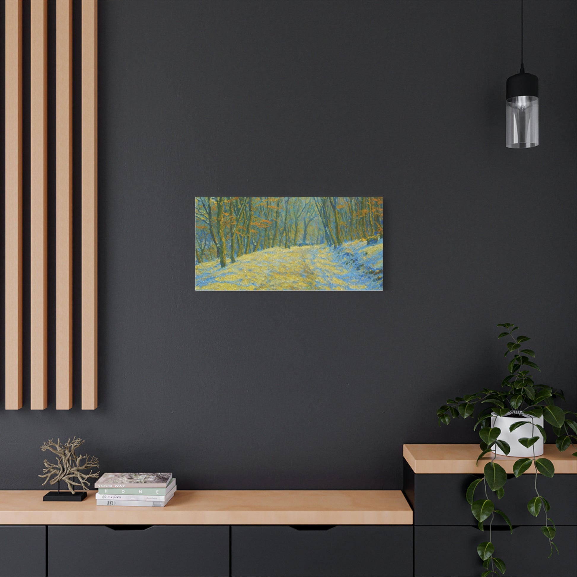 Winter landscape canvas wall art by Printify featuring a cozy nature scene, perfect for living room decor.