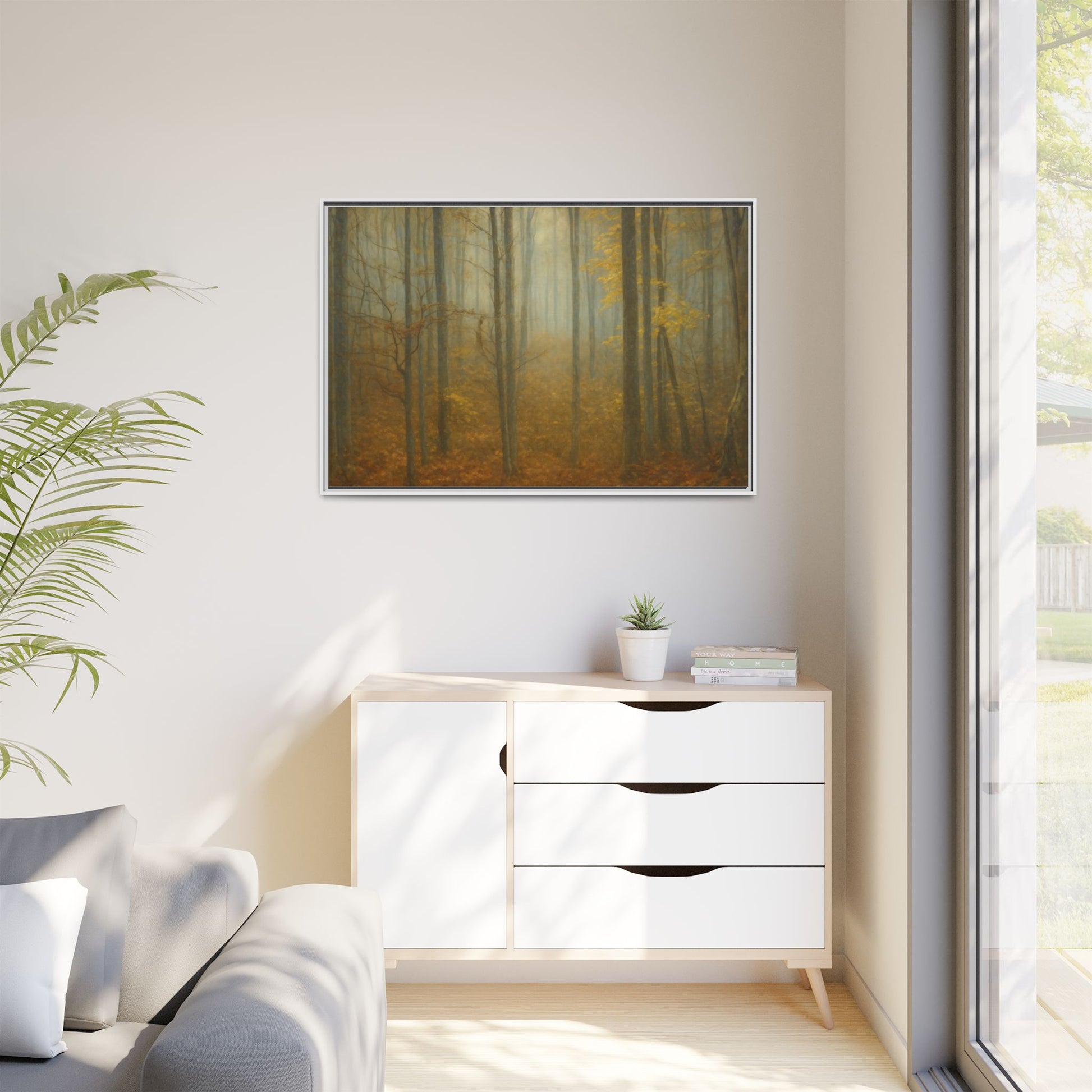 Framed matte canvas wall art of a misty autumn forest featuring trees and fall colors, by Printify.