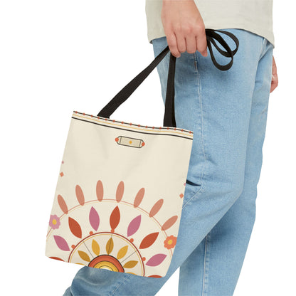 Boho floral mandala tote bag with pastel sunburst pattern, featuring colorful fabric and sturdy handles for casual style.