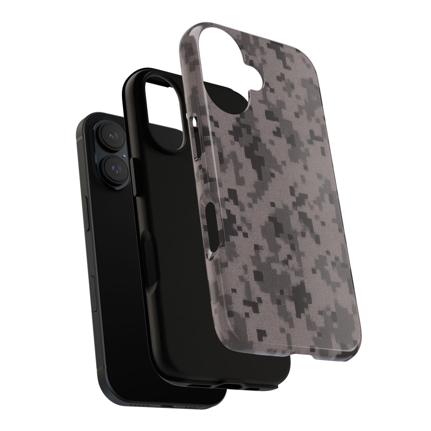 Gray digital camouflage phone case by Printify, tough protective cover fitting smartphones with a rugged camouflage design.