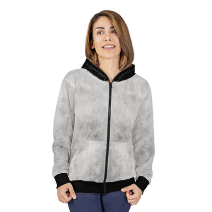 Gray marble tie-dye zip hoodie with all-over print and full-zip design by Printify.