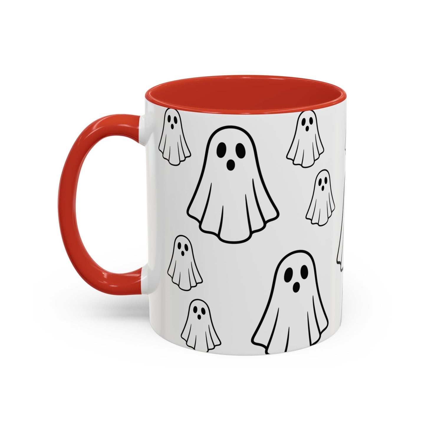Printify ghost pattern accent coffee mug with cute Halloween design, ceramic 11oz or 15oz mug for festive drinks.