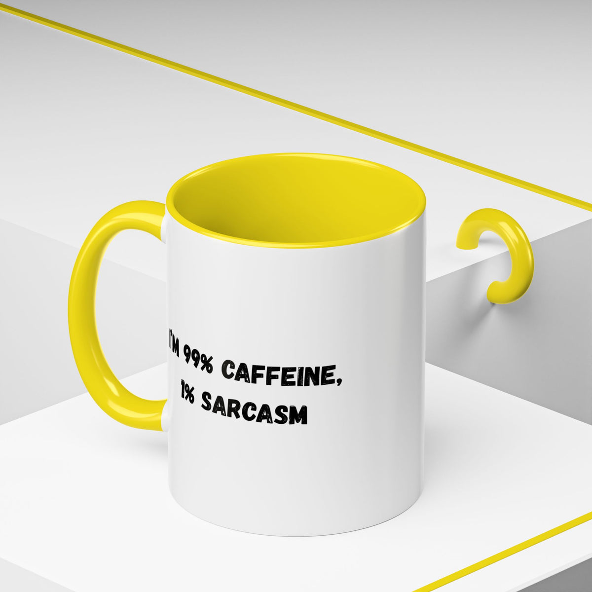 Ceramic coffee mug with "I'm 99% Caffeine, 1% Sarcasm" print, featuring a white background and black text, by Printify.