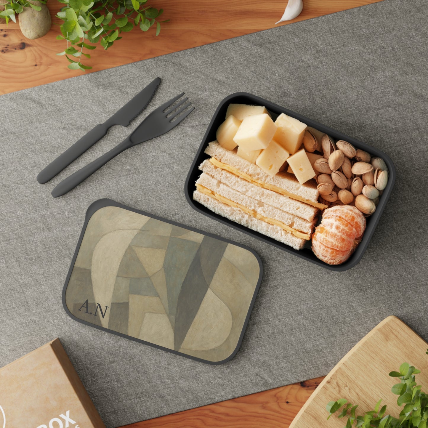 Abstract geometric pattern PLA bento box with band and utensils, colorful lunchbox accessories for kids and adults.