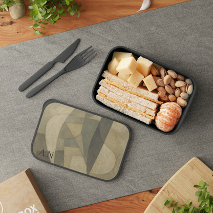 Abstract geometric pattern PLA bento box with band and utensils, colorful lunchbox accessories for kids and adults.
