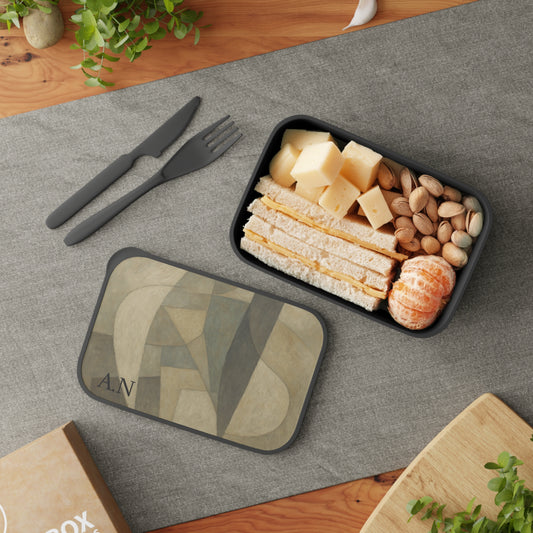 Abstract geometric pattern PLA bento box with band and utensils, colorful lunchbox accessories for kids and adults.