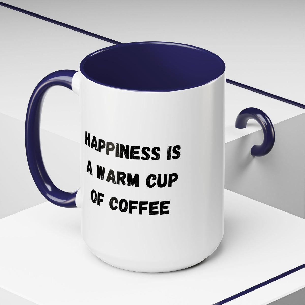 Ceramic coffee mug with "Happiness Is A Warm Cup Of Coffee" quote, featuring a white background and colorful text design.
