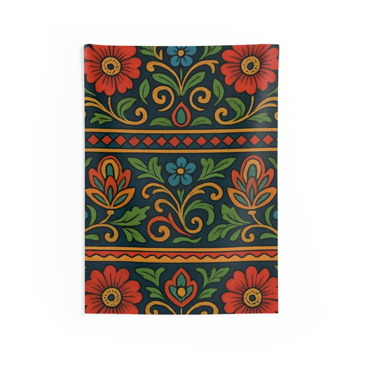Colorful folk floral indoor wall tapestry with vibrant boho flower pattern, perfect for adding a decorative touch to your space.