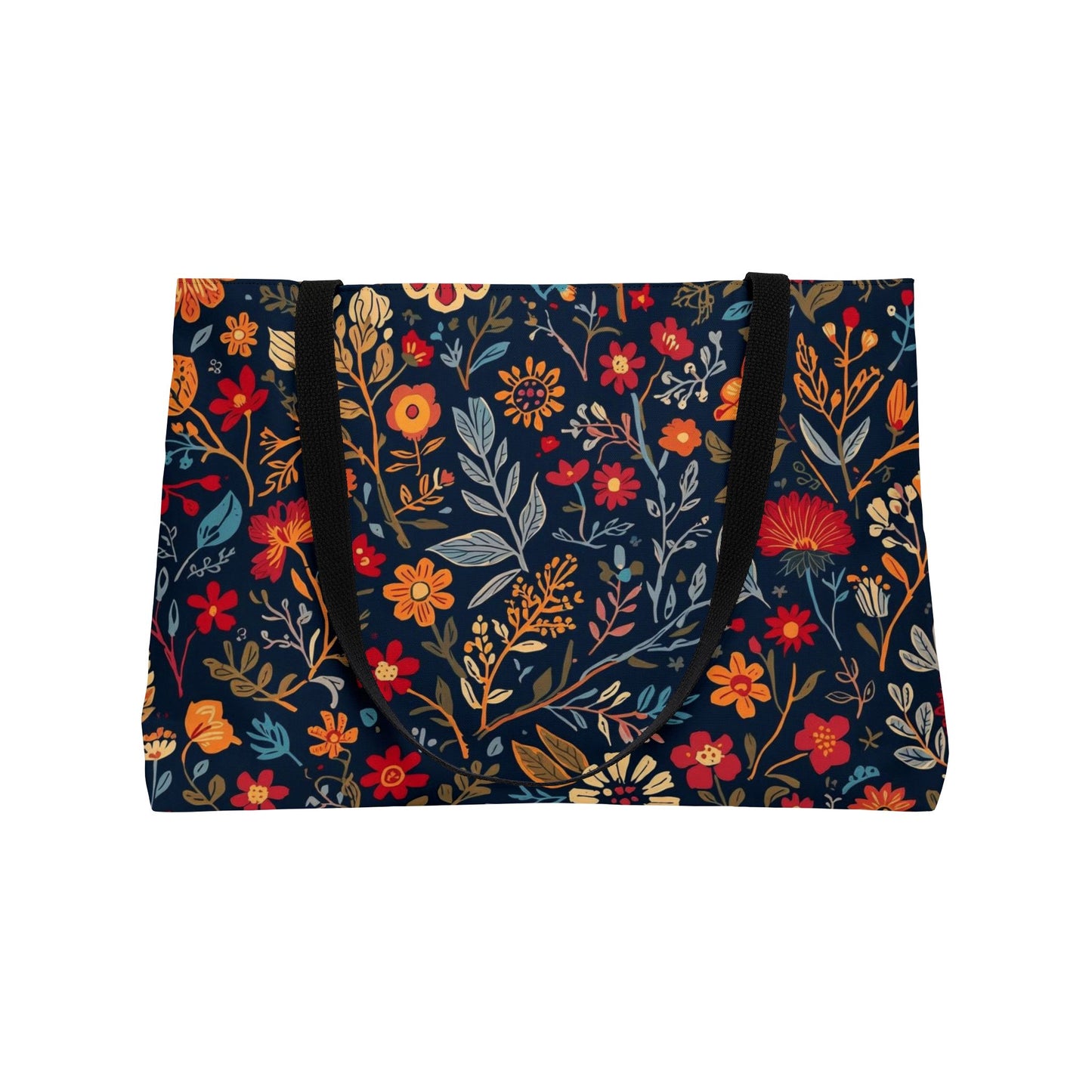 Printify floral weekender tote bag with colorful floral design, spacious handles, ideal for travel, beach, gym, or shopping.