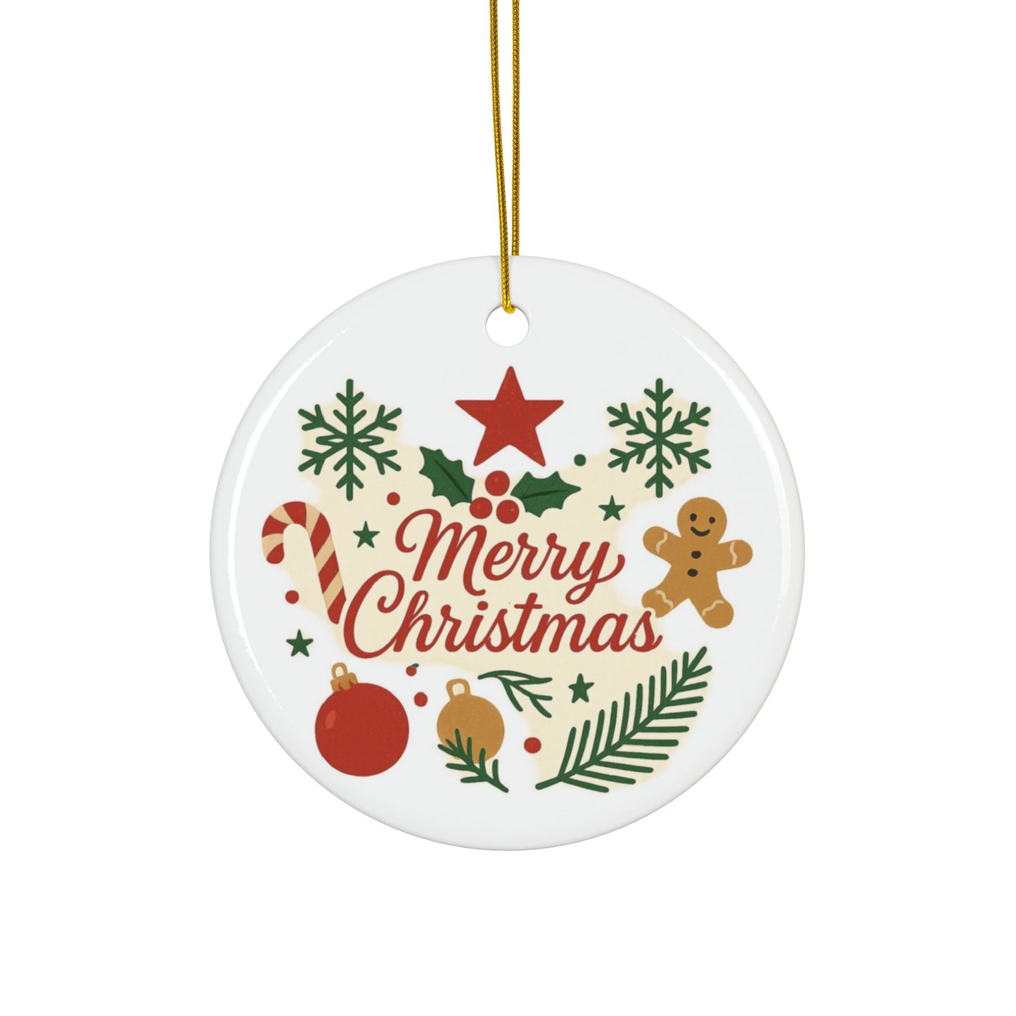 Double-sided ceramic Christmas ornament with gingerbread and candy cane holiday tree designs, by Printify.