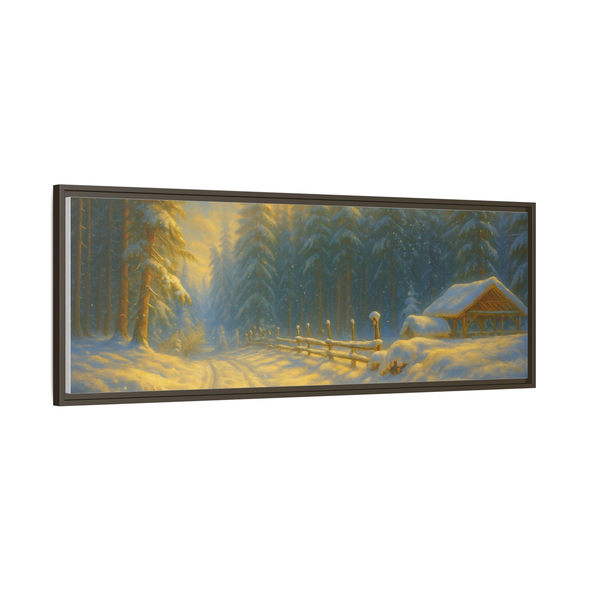 Framed winter cabin canvas print featuring a snowy forest sunset, wall art by Printify with cozy mountain scene design.