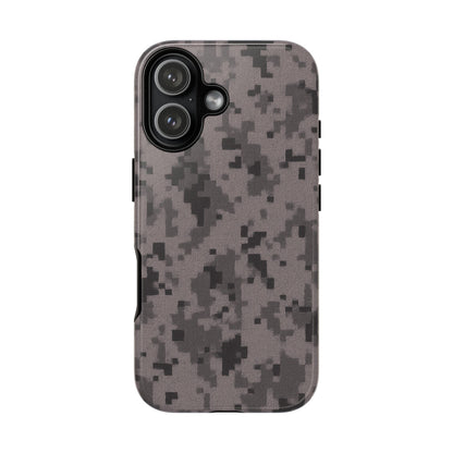 Gray digital camouflage phone case by Printify, tough protective cover for smartphones with a rugged camouflage design.