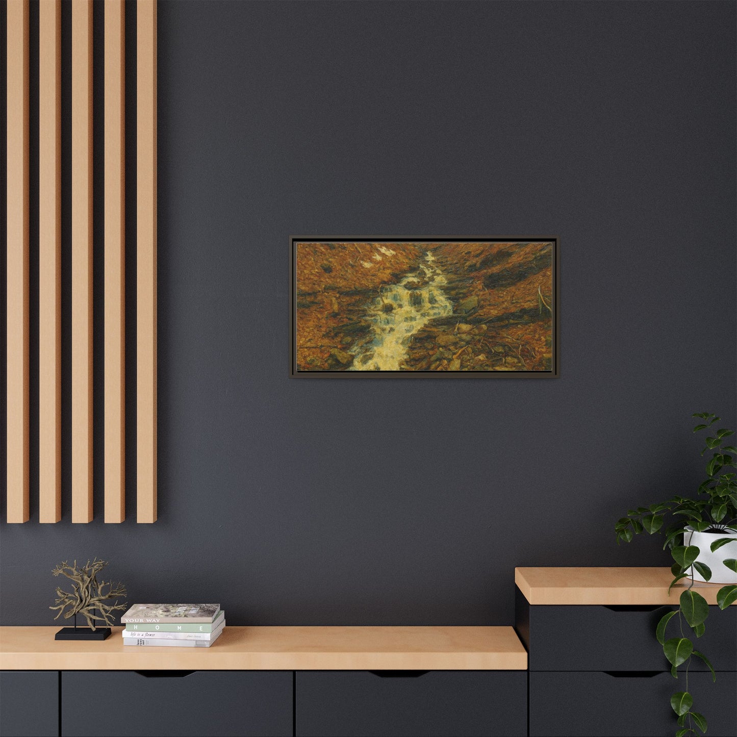Framed matte canvas print featuring autumn stream landscape artwork by Printify, showcasing vibrant fall trees and flowing water.