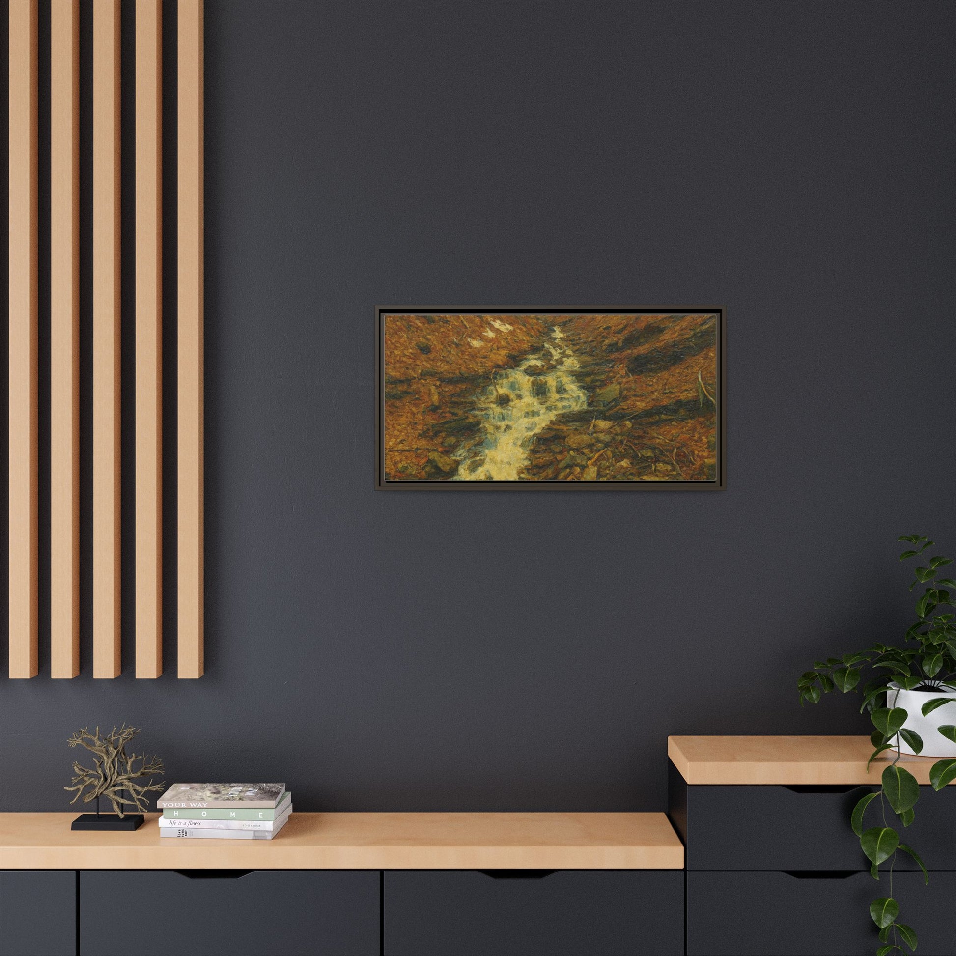 Framed matte canvas print featuring autumn stream landscape artwork by Printify, showcasing vibrant fall trees and flowing water.