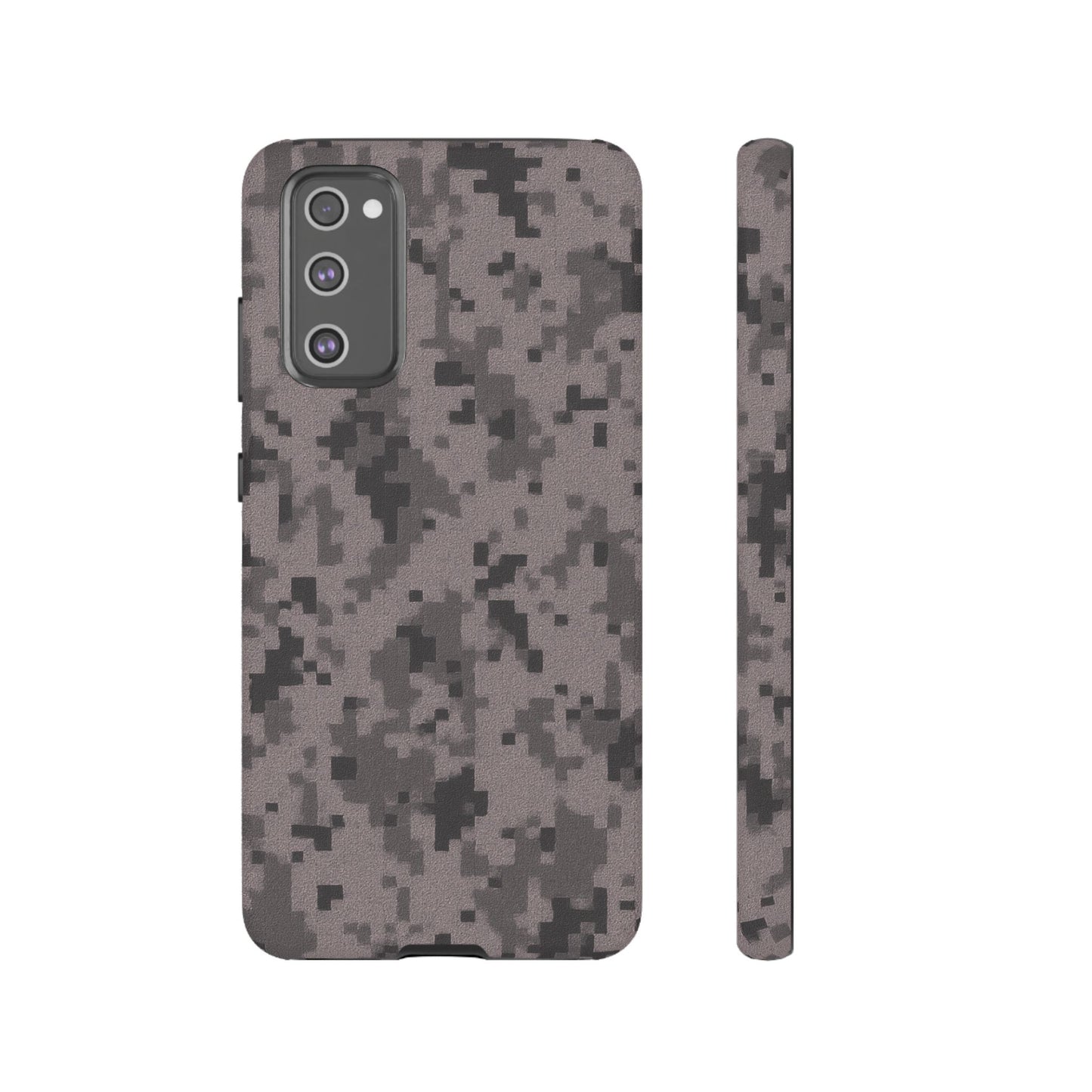 Gray digital camouflage phone case by Printify, tough protective cover for smartphones with a rugged camo design.