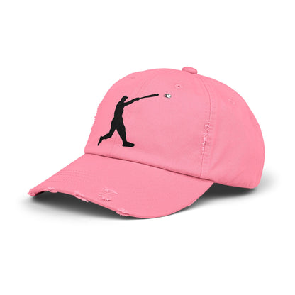 Distressed baseball cap featuring a silhouette batter design, made by Printify, with a casual, worn-in style and adjustable strap