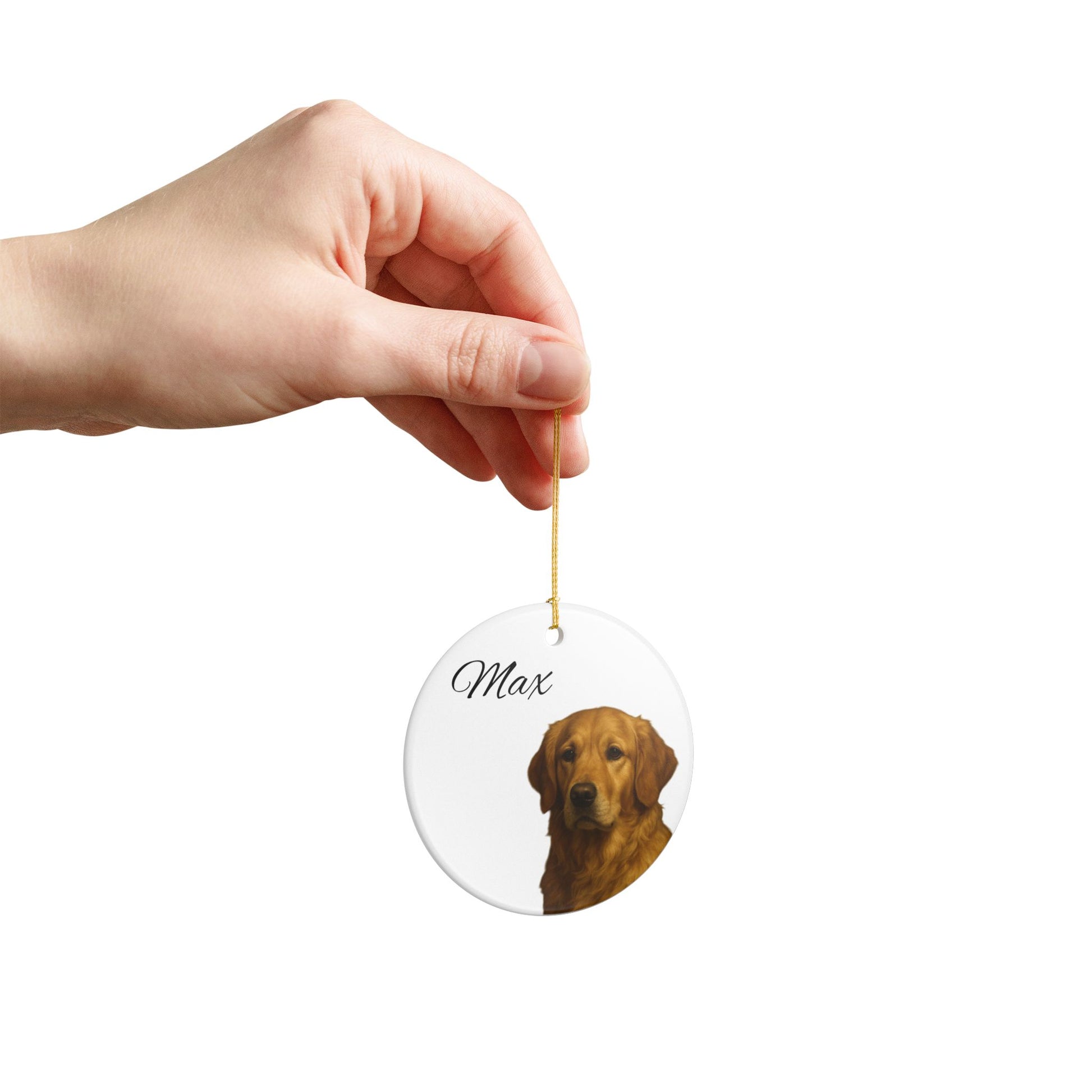 Personalized golden retriever ceramic ornament with custom name, pet memorial decoration, Printify pet keepsake.