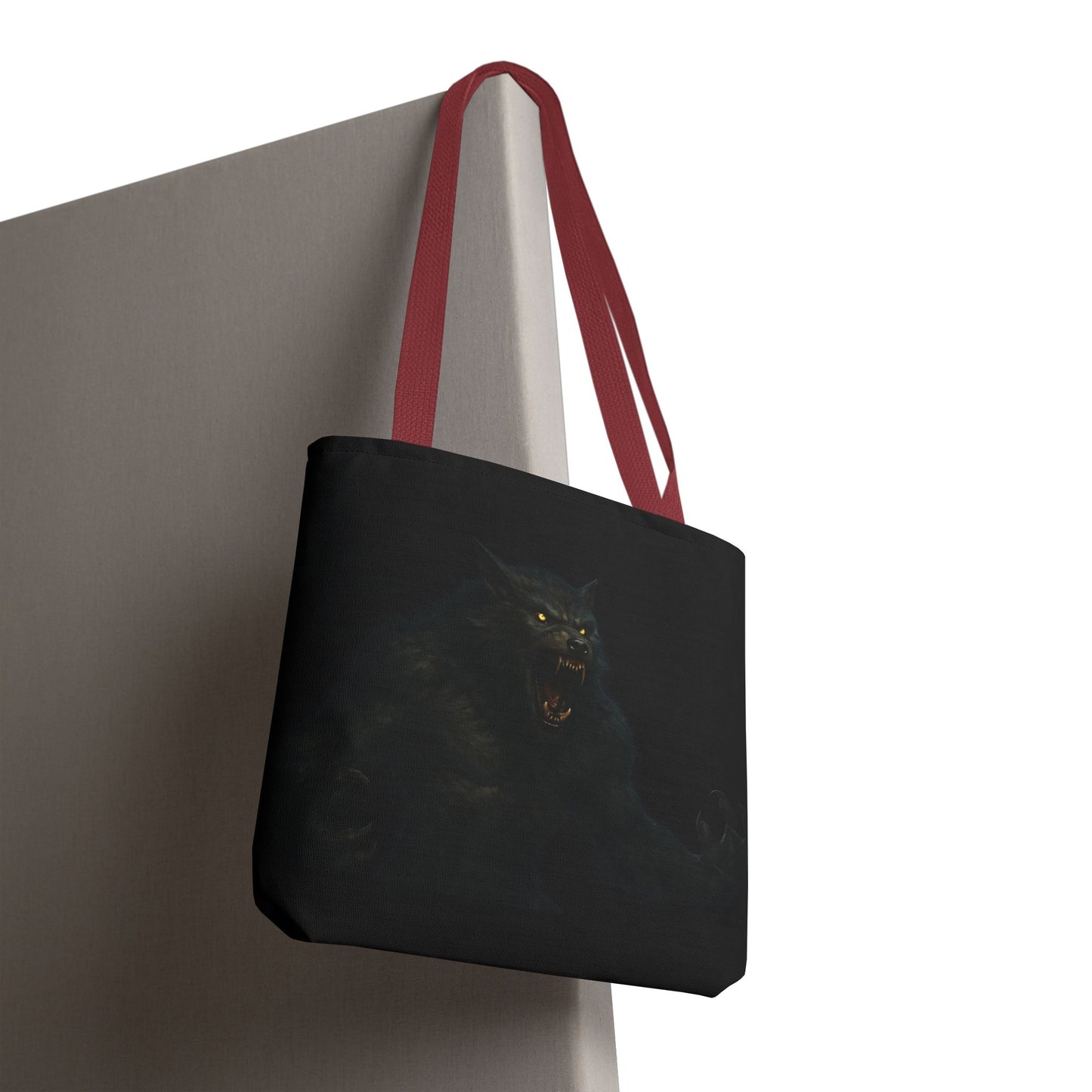 Werewolf tote bag featuring dark Halloween art, perfect gift for horror fans, made by Printify with a stylish, printed design.