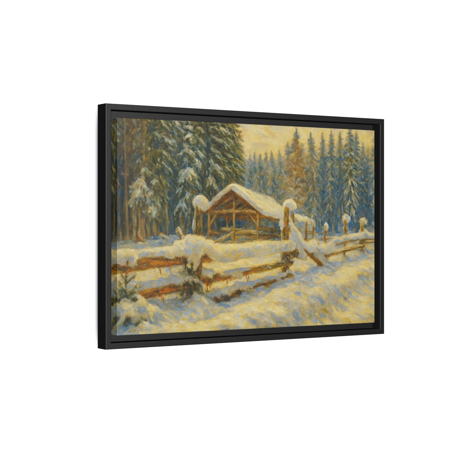 Snowy cabin winter landscape painting on matte canvas framed wall art by Printify, featuring a cozy snow-covered cabin scene.