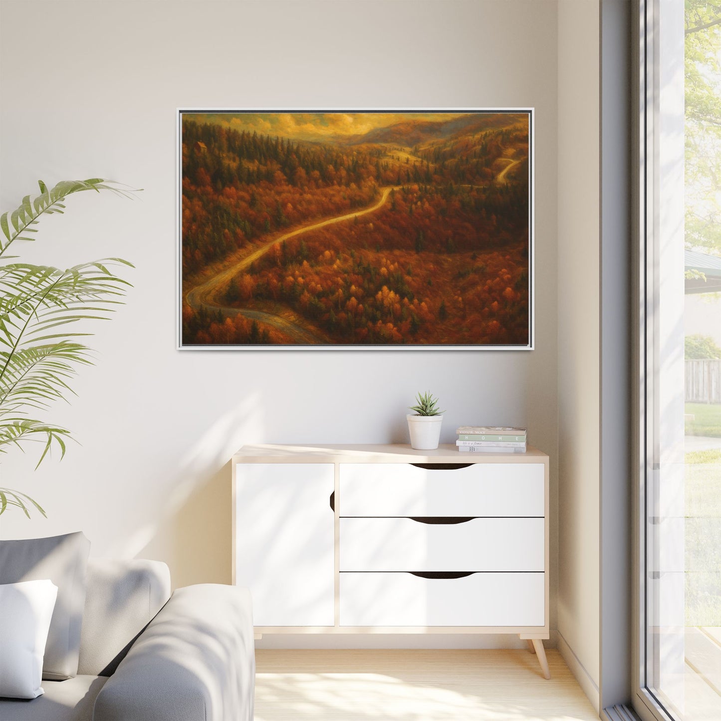 Framed matte canvas print of autumn forest road landscape wall art by Printify, showcasing vibrant fall trees and scenic nature view.