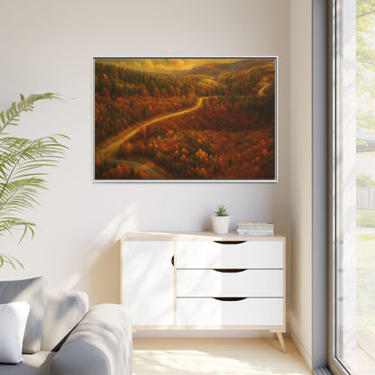 Framed matte canvas print of autumn forest road landscape wall art by Printify, showcasing vibrant fall trees and scenic nature view.