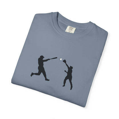 Black baseball silhouette graphic T-shirt for men featuring minimal baseball player design, casual style, by Printify.