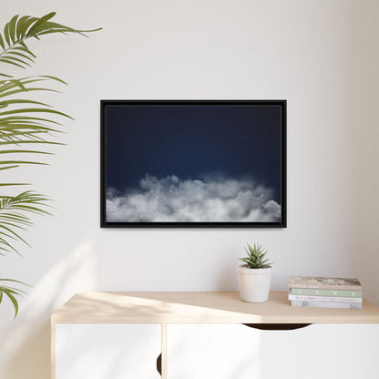 Framed night sky clouds matte canvas wall art featuring starry sky scene, by Printify, perfect for bedroom or living room decor.