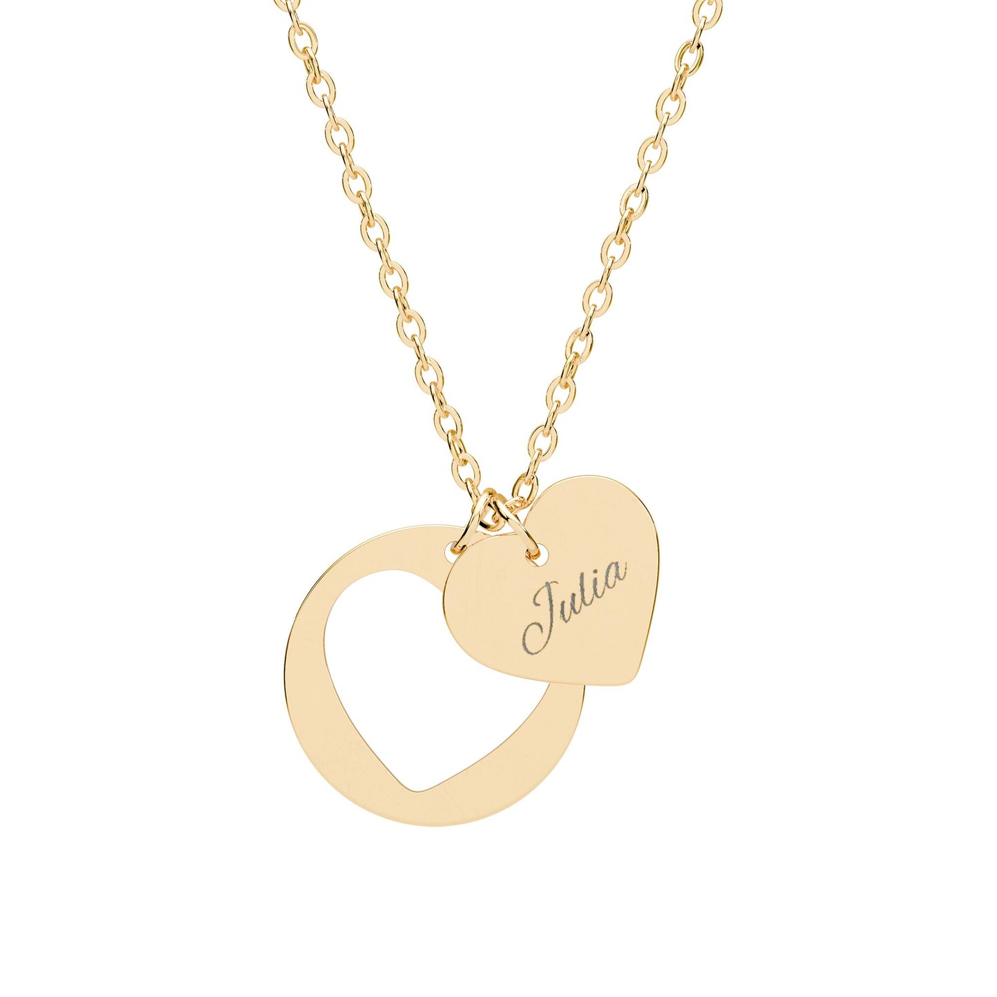 Engravable heart cutout necklace with personalized pendant in silver or rose gold, showcasing a delicate jewelry accessory.
