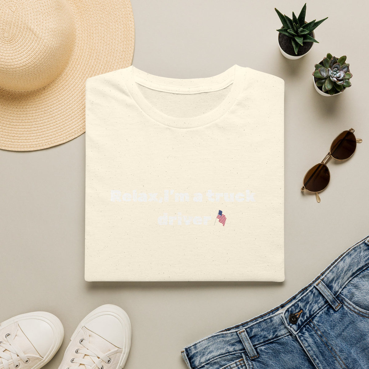 Pink heart graphic on a Relax, I'm a Truck Driver T-Shirt by Printify, featuring a humorous trucker-themed design.