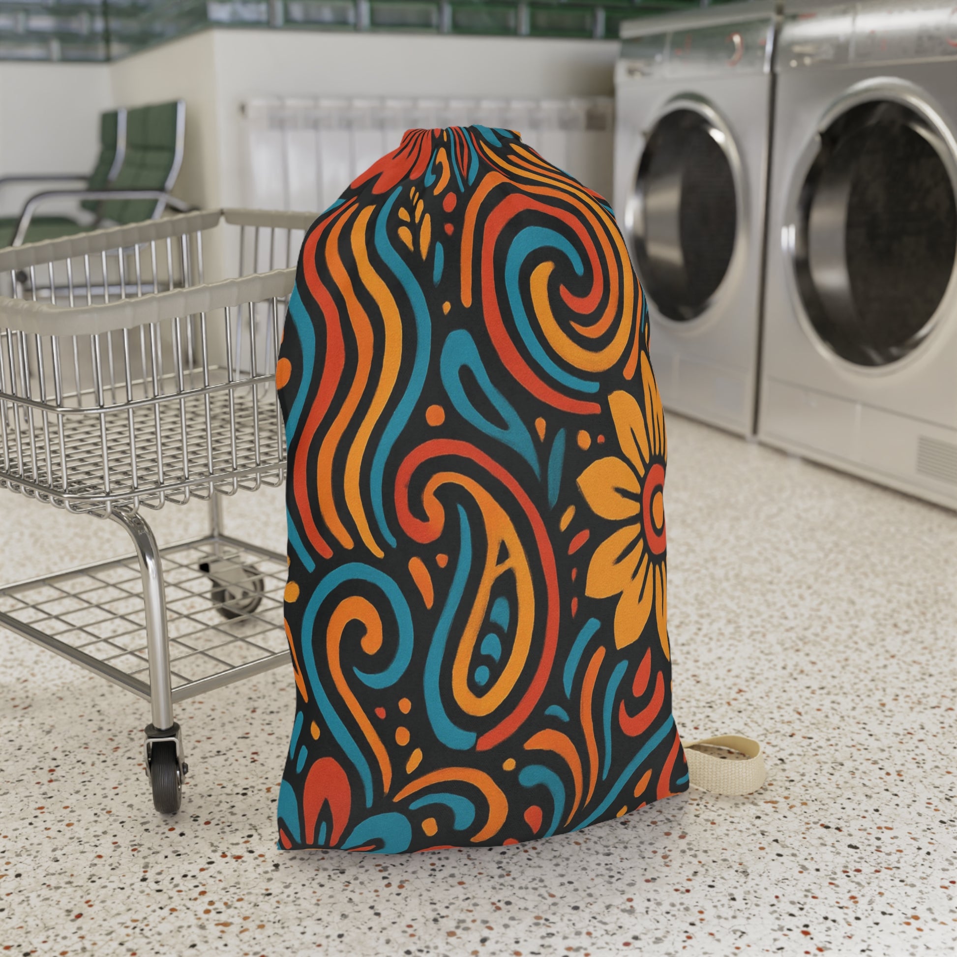 Retro floral swirl laundry bag with boho flower design, drawstring closure, made by Printify for easy laundry organization.
