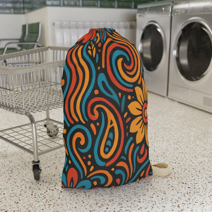 Retro floral swirl laundry bag with boho flower design, drawstring closure, made by Printify for easy laundry organization.