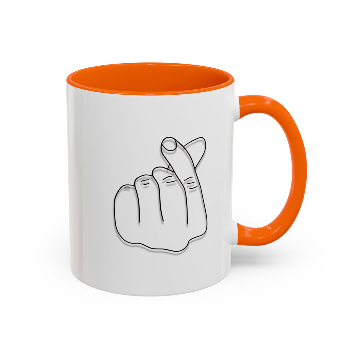 White coffee mug with minimal Korean finger heart accent, 11oz capacity, featuring simple black design on a clean background.