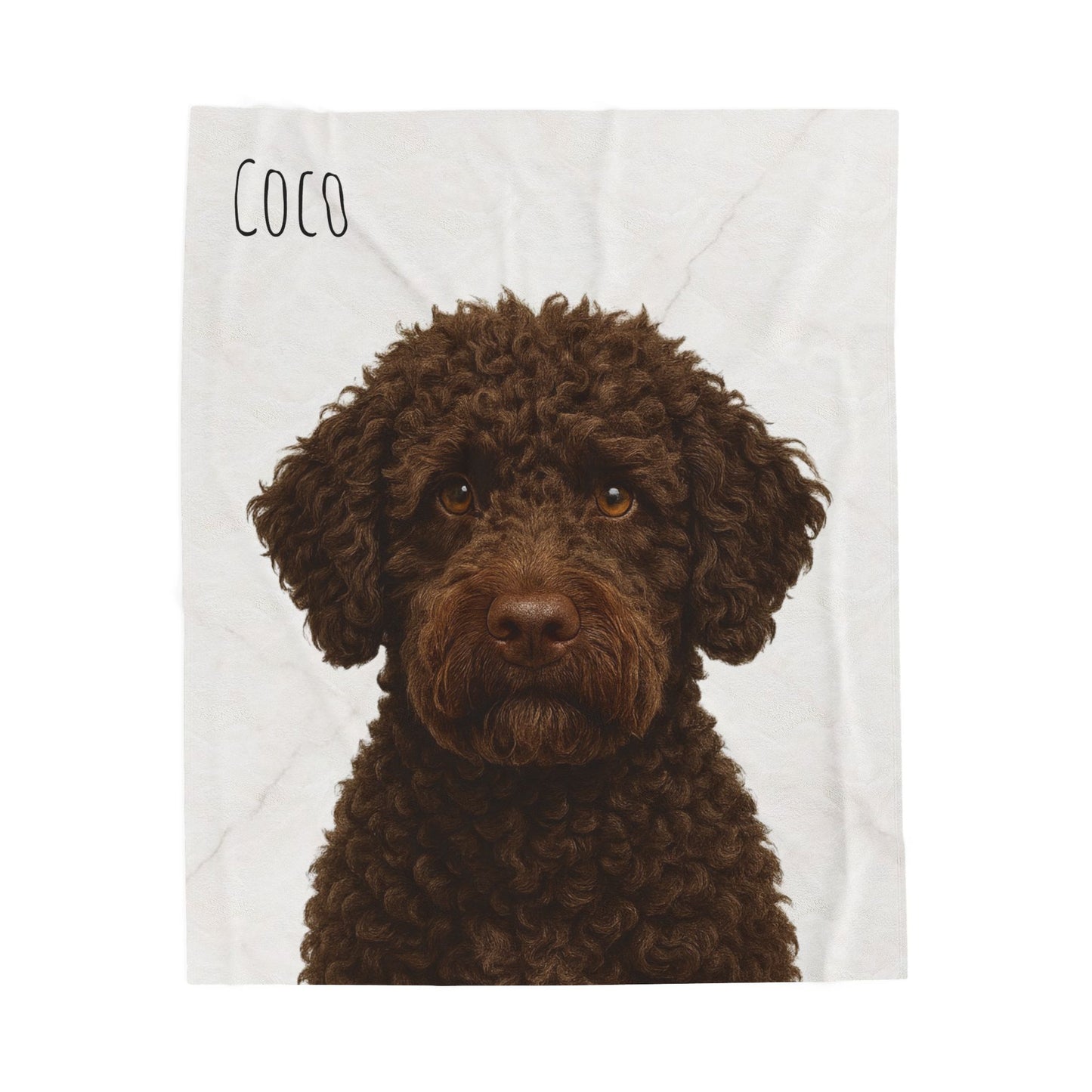 Custom brown Labradoodle portrait velveteen plush blanket with all-over print, featuring detailed dog artwork on a soft, cozy blanket.