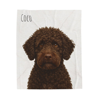 Custom brown Labradoodle portrait velveteen plush blanket with all-over print, featuring detailed dog artwork on a soft, cozy blanket.