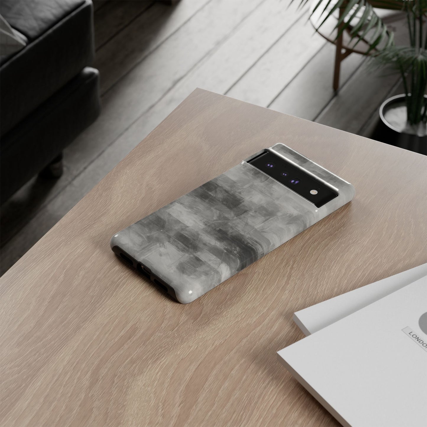 Abstract gray grid phone case for iPhone, tough protective cover by Printify showing a modern geometric design.
