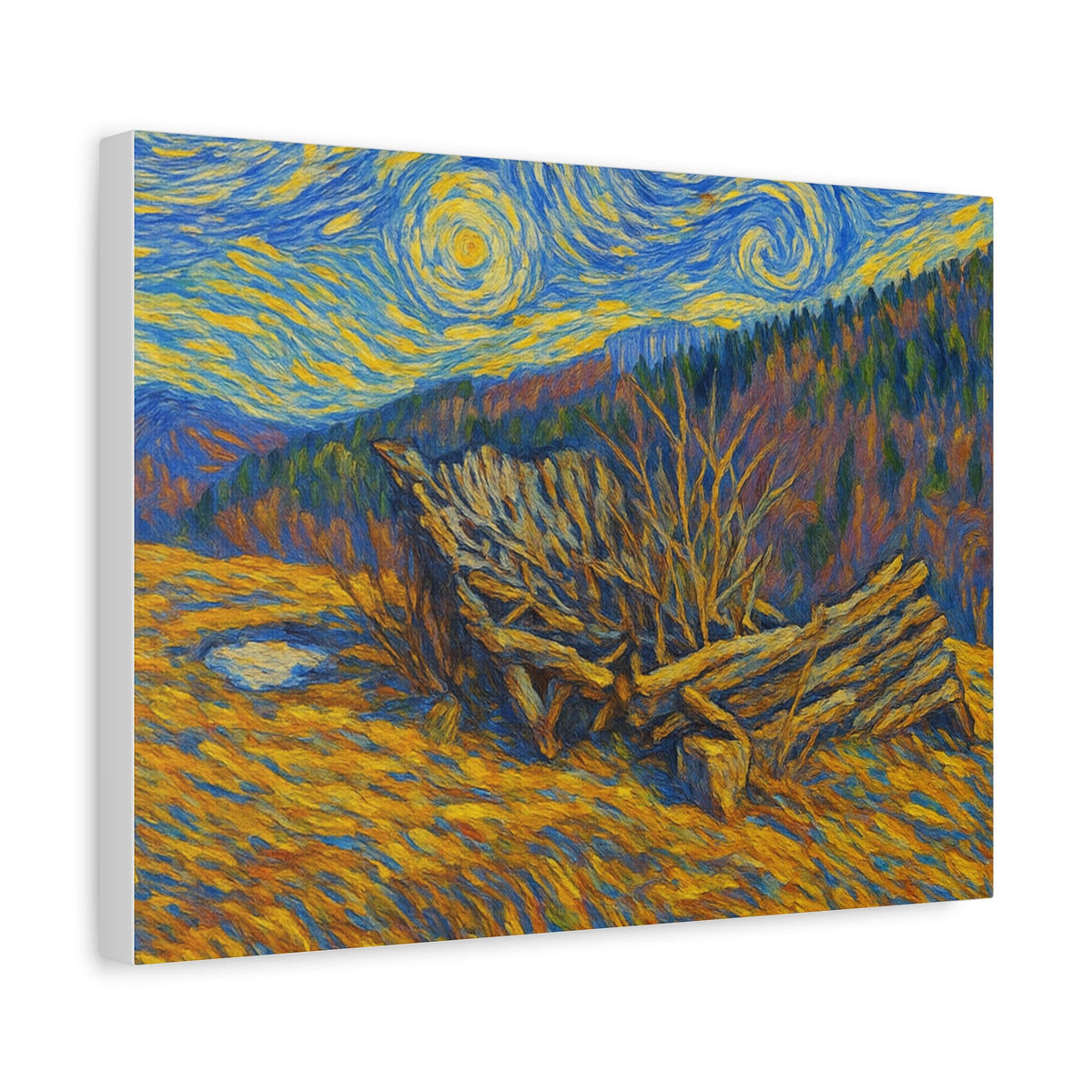 Impressionist Starry Landscape canvas print by Printify, featuring a vibrant night sky with stars over a scenic landscape.