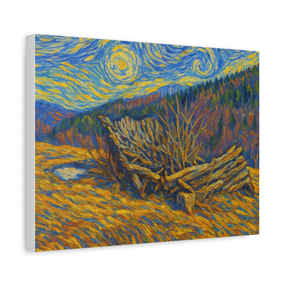 Impressionist Starry Landscape canvas print by Printify, featuring a vibrant night sky with stars over a scenic landscape.