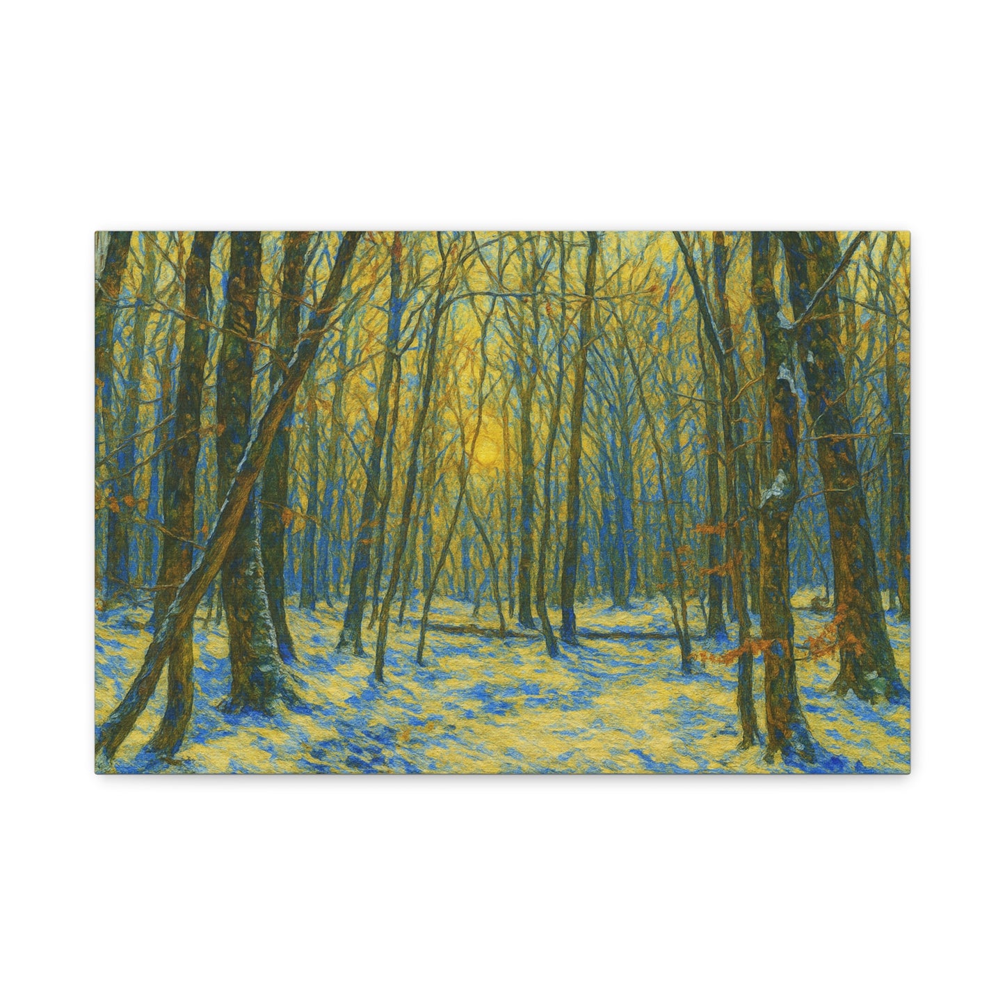 Winter woodland canvas print by Printify, featuring forest sunlight scene on matte stretched canvas artwork.