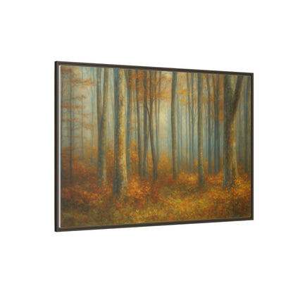 Framed autumn forest canvas print featuring misty woodland scene, wall art by Printify for rustic home decor.