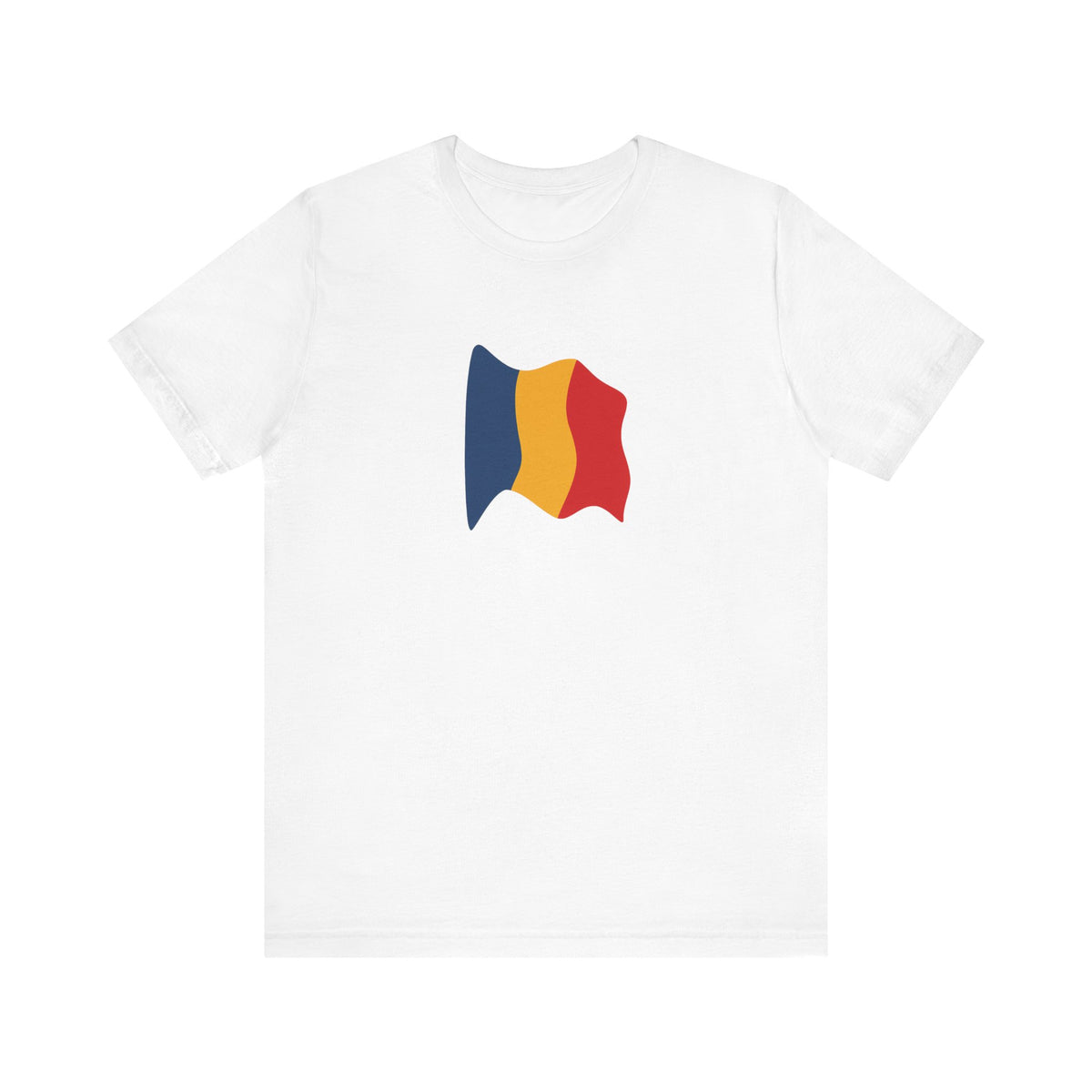 Romania flag T-shirt by Printify featuring a minimal waving tricolor design on a casual T-shirt.