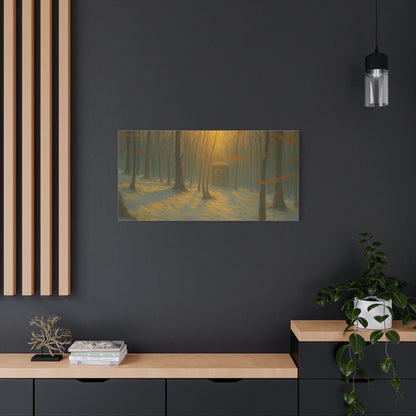 Matte stretched canvas print of Misty Forest Sunrise artwork by Printify, showcasing a serene forest scene in soft natural tones.