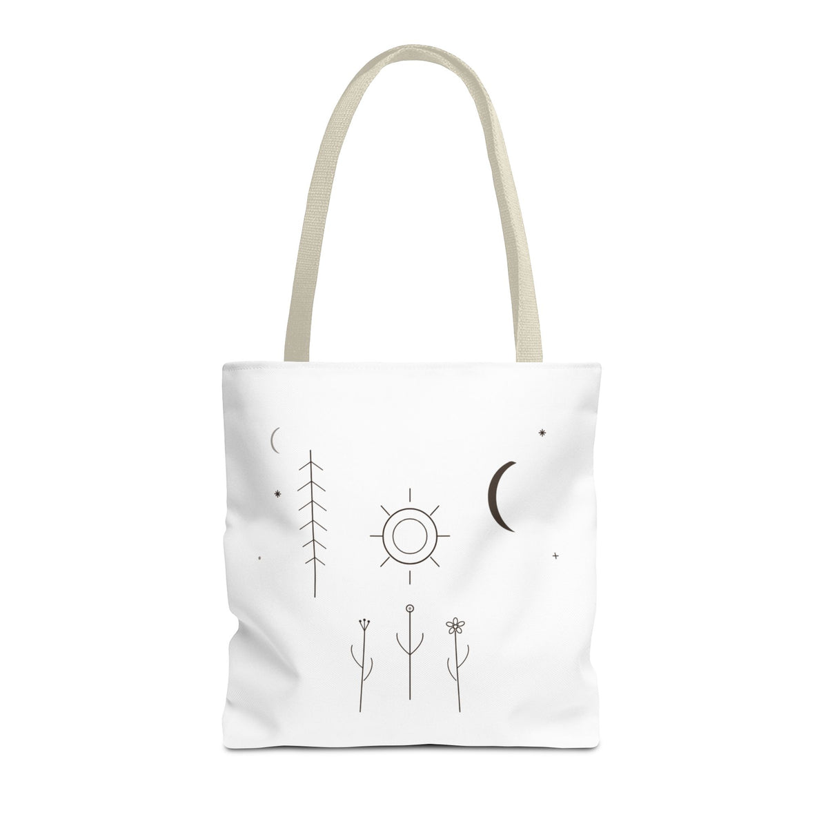 Minimal Moon and Sun botanical tote bag with celestial line art design, eco-friendly canvas bag by Printify.