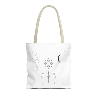 Minimal Moon and Sun botanical tote bag with celestial line art design, eco-friendly canvas bag by Printify.