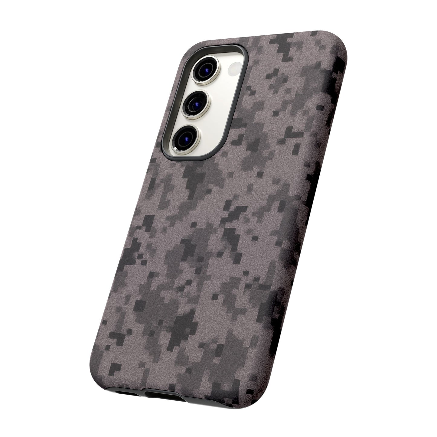 Gray digital camouflage phone case by Printify, tough protective cover designed for a smartphone.