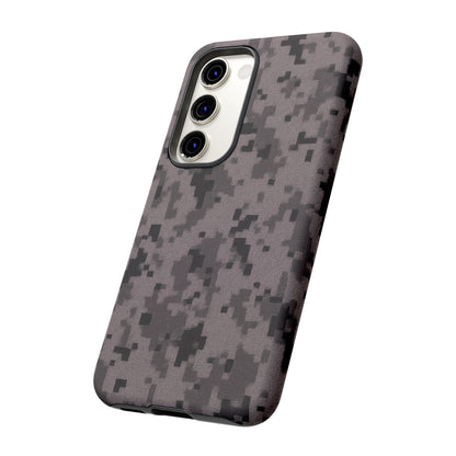 Gray digital camouflage phone case by Printify, tough protective cover designed for a smartphone.