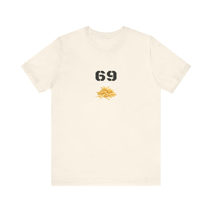 Unisex graphic t-shirt featuring a humorous 69 and French fries design, made by Printify, shown on a model.